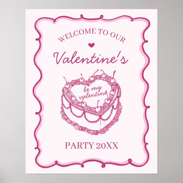 Rosa Coquette Cherry Cake Valentines Party Willkom Poster (Vorne)