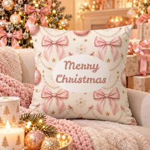 Rosa Coquette Frohe Weihnachten Schleifen & Perlen Kissen