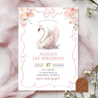 Rosa Coquette Girl Crowned Swan Birthday Einladung