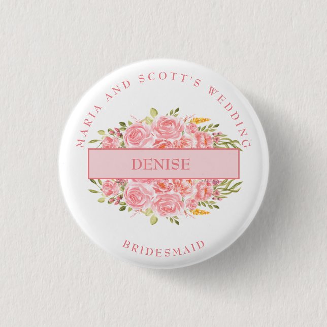 Rosa Coral Floral Brautparty Button (Vorderseite)