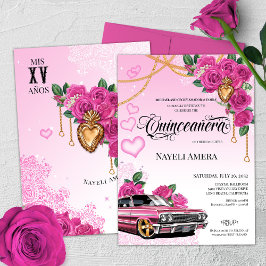 Rosa Corazon de Milagros Lowrider Quinceanera Einladung