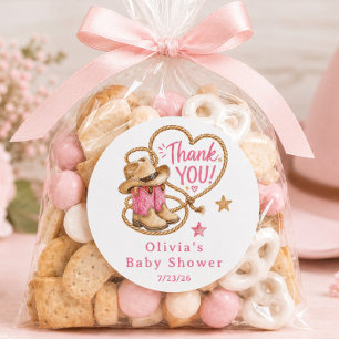 Rosa Cowboy-Baby-Shower-Gunstbeweis-Aufkleber Runder Aufkleber