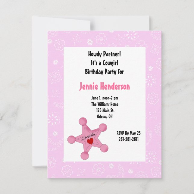 Rosa Cowgirl Abzeichen Geburtstagsfeier Einladung (Vorderseite)