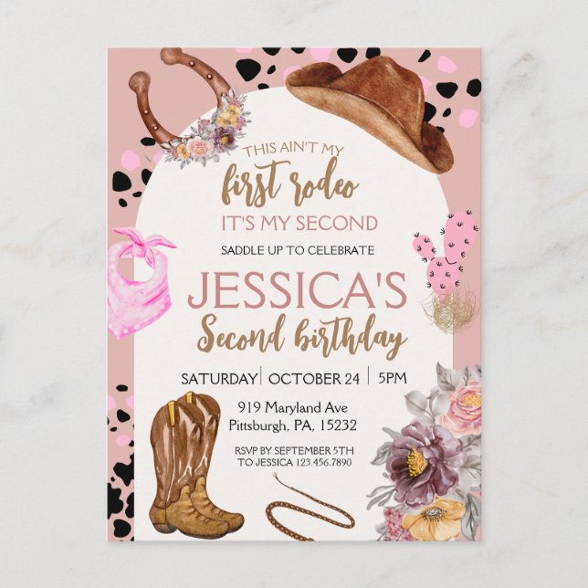 Rosa Cowgirl Birthday 2. Rodeo Budget Party Postkarte (Vorderseite)