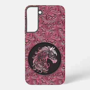 Rosa Cowgirl Blumen geprägter Lederpferdekopf Samsung Galaxy Hülle