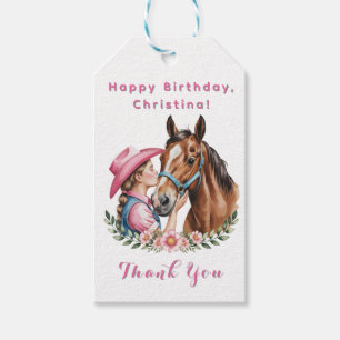 Rosa Cowgirl, die eine Pferdegeburtstagsfeier küss Geschenkanhänger