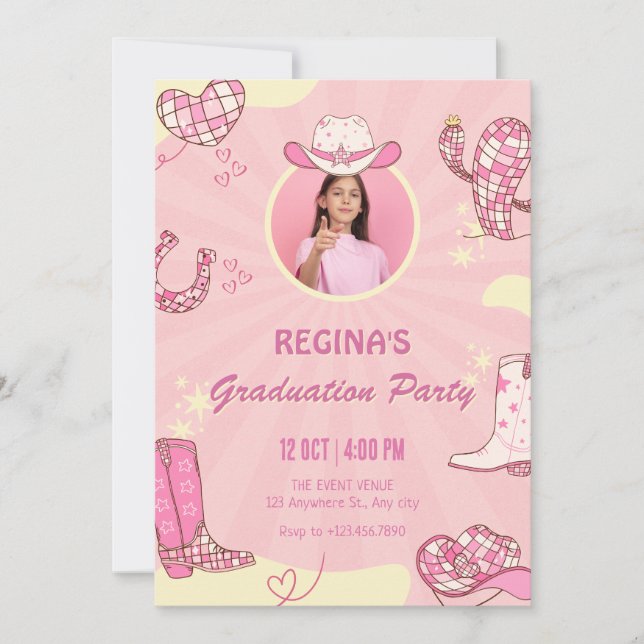 Rosa Cowgirl Disco Foto Abschluss Einladung (Vorderseite)