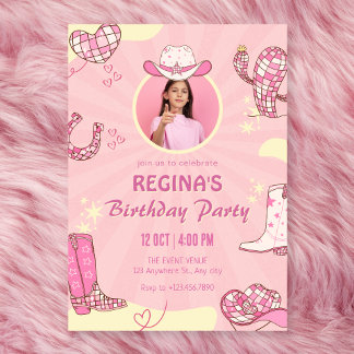Rosa Cowgirl Disco Foto Geburtstag Einladung