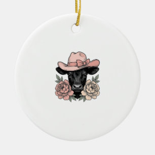 Rosa Cowgirl-Kalb mit Päonien Vintage-Vektor_1 Keramik Ornament