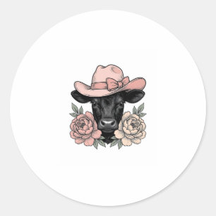 Rosa Cowgirl-Kalb mit Päonien Vintage-Vektor_1 Runder Aufkleber