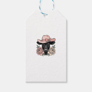 Rosa Cowgirl-Kalb mit Pfingstrosen Vintage-Vektor_ Geschenkanhänger