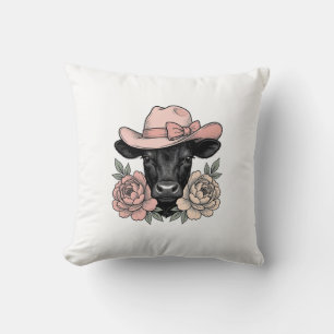 Rosa Cowgirl-Kalb mit Pfingstrosen Vintage-Vektor_ Kissen