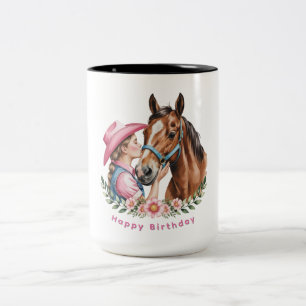 Rosa Cowgirl küßt eine Pferde-Geburtstagsfeier Zweifarbige Tasse