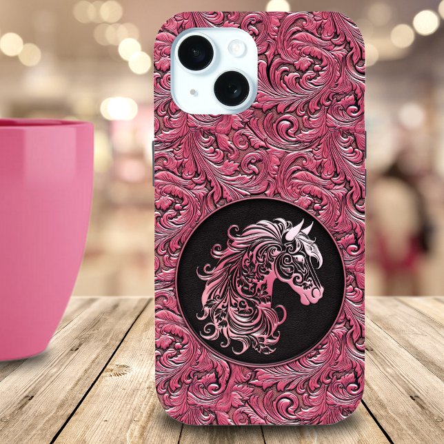 Rosa Cowgirl mit Blumenmotiven aus Leder Case-Mate iPhone Hülle (Pink cowgirl floral tooled leather horse head Case-Mate iPhone case)