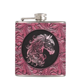 Rosa Cowgirl mit Blumenmotiven aus Leder Flachmann