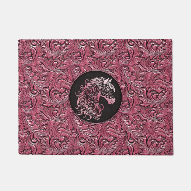 Rosa Cowgirl mit Blumenmotiven aus Leder Fußmatte (Vorderseite)