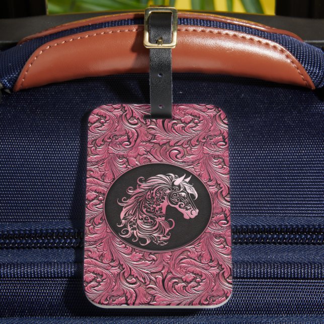 Rosa Cowgirl mit Blumenmotiven aus Leder Gepäckanhänger (Vorderseite Insitu 2)