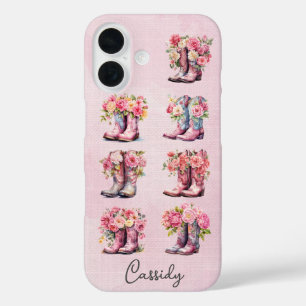 Rosa Cowgirl-Stiefel mit Blumen monogrammiert iPhone 16 Hülle