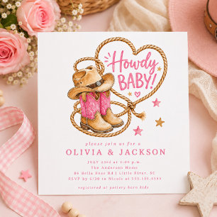 Rosa Cowgirl-Vierkant-Baby-Shower-Einladung Einladung