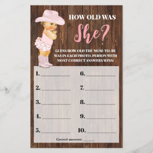 Rosa Cowgirl Wie alt war sie Baby Shower Spiel Flyer