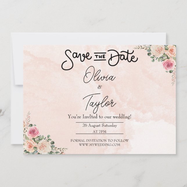 Rosa Creme Blumen Hochzeit Save the Date Karten (Vorderseite)