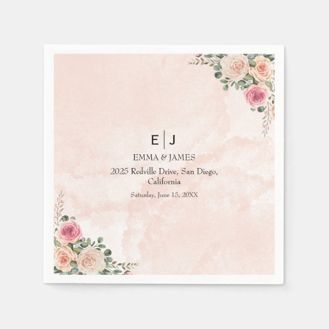 Rosa Creme Blumen Hochzeitsservietten Serviette (Vorderseite)