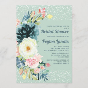 Rosa Creme Blütenblume Glitzer Neo Mint Brautparty Einladung