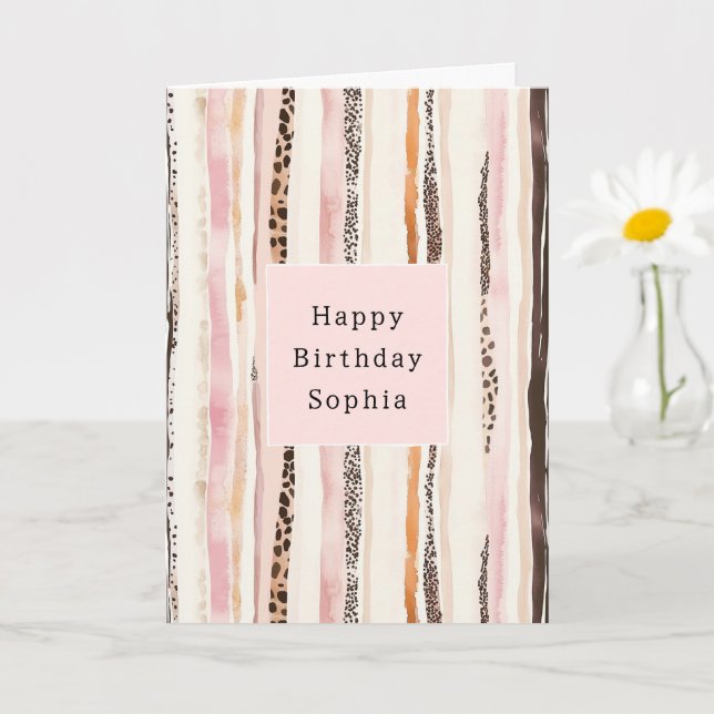 Rosa Creme Brauner Leopard Tier Geburtstag Karte (Kleine Pflanze)