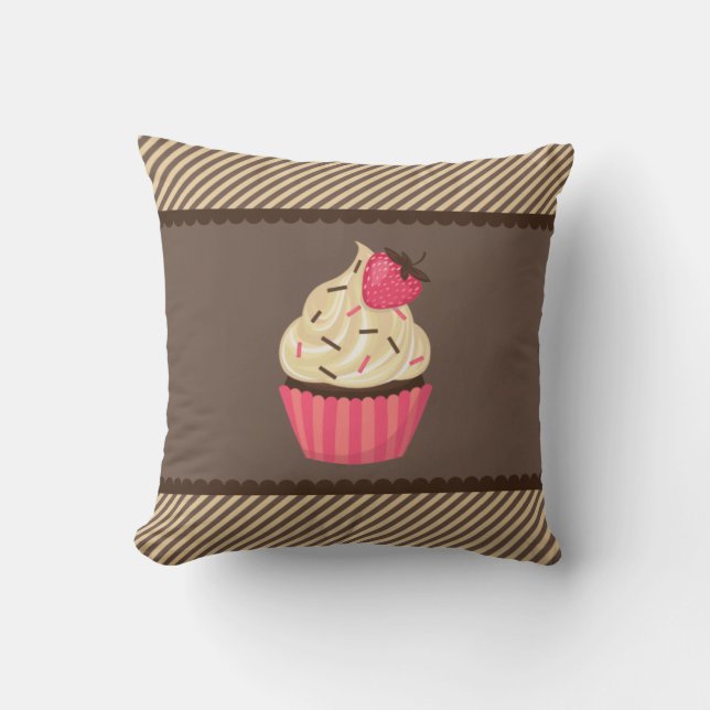 Rosa Creme Brown Streifen Erdbeere Cupcake Kissen (Vorderseite)