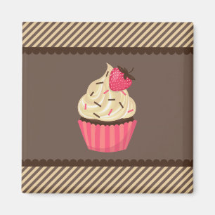 Rosa Creme Brown Streifen Erdbeere Cupcake Magnet