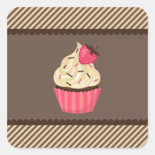 Rosa Creme Brown Streifen Erdbeere Cupcake Quadratischer Aufkleber