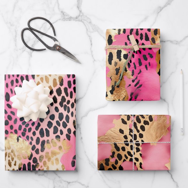 Rosa Creme Gold Leopard Geschenkpapier Set (Vorderseite)
