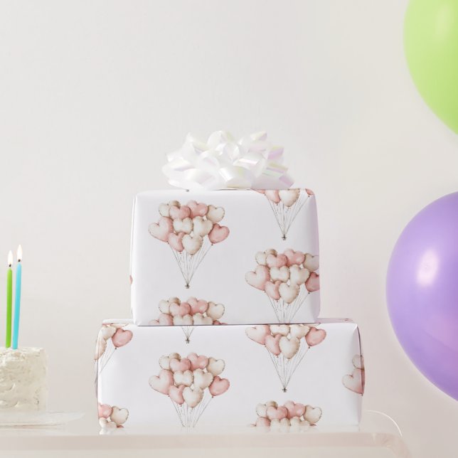 Rosa Creme Herzen Ballons Geburtstag   Geschenkpapier (Partygeschenke)