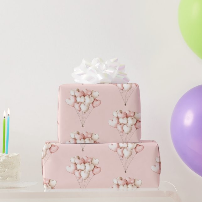 Rosa Creme Herzen Ballons Geburtstag   Geschenkpapier (Partygeschenke)
