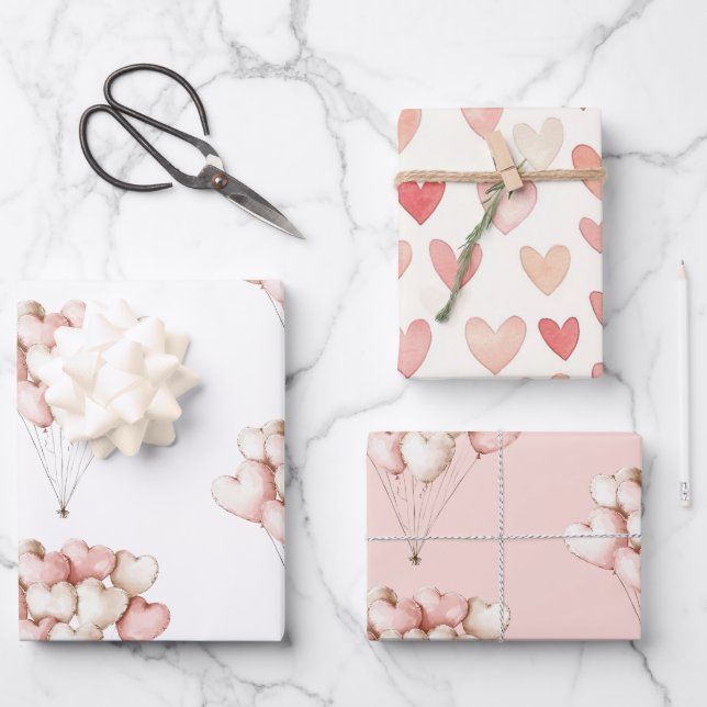 Rosa Creme Herzen Ballons Geburtstag   Geschenkpapier Set (Vorderseite)