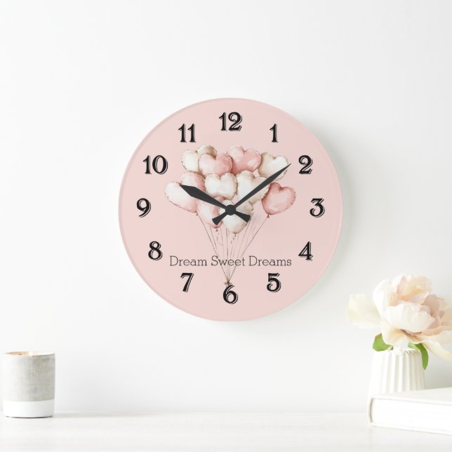 Rosa Creme Herzen Luftballons   Große Wanduhr (Zuhause)