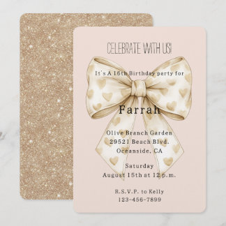 Rosa Creme Herzen Schleife Gold Glitter Geburtstag Einladung