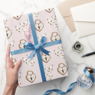 Rosa Creme Herzschlösser & Schmetterlinge Geburtst Geschenkpapier