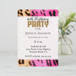 Rosa Creme Leopard Gold Glitzer Party Einladung