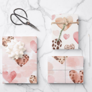 Rosa Creme Leoparden-Herzen Geburtstag Geschenkpapier Set