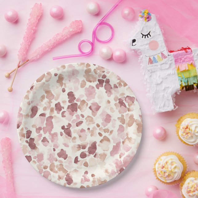 Rosa Creme Schokolade Braun Abstrakt Leopard Tier Pappteller (Party)