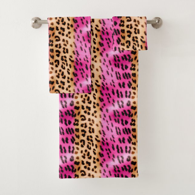 Rosa Creme Schwarzer Leopard Tierprint Badhandtuch Set (Insitu)