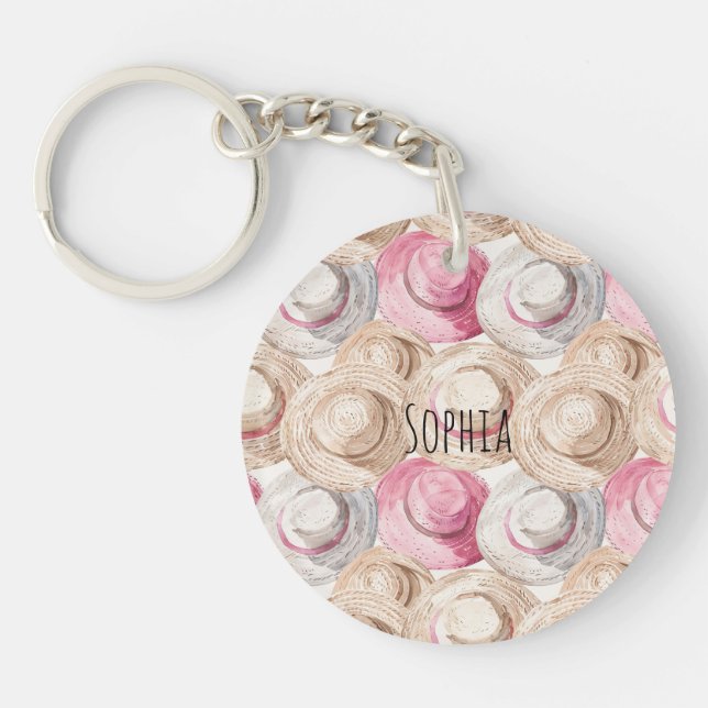 Rosa Creme Strohhüte  Schlüsselanhänger (Vorderseite)