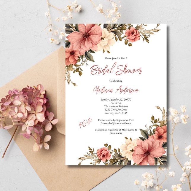 Rosa Creme Wasserfarbe Antikes Brautparty Einladung (Pink Cream Watercolor Floral Bridal Shower invitation. Vintage Antique Elegant)