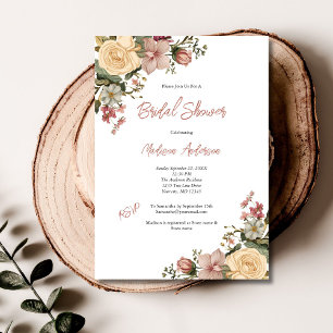 Rosa Creme-Wasserfarbe Vintage-Blumen-Brautparty Einladung