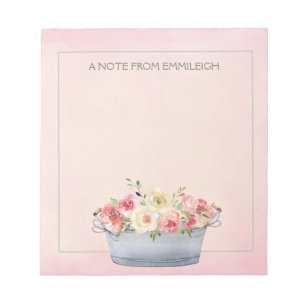 Rosa Creme-Wasserfarben-Blumen-Metallwanne-Notizbl Notizblock
