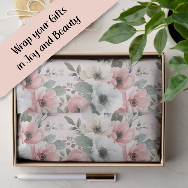 Rosa Creme-Wasserfarben-Blumenmuster  Seidenpapier (Blush pink and white watercolor floral gift tissue paper)
