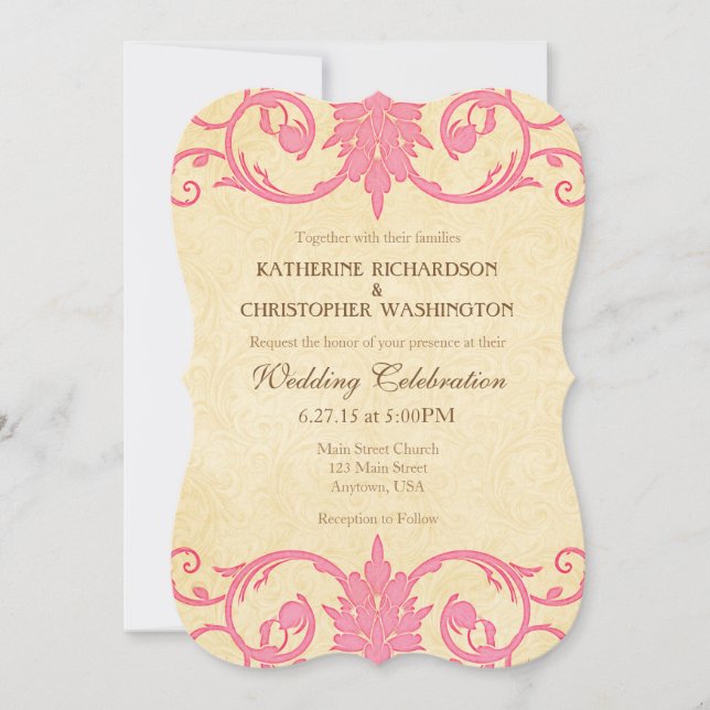 Rosa Creme Wirbel Vintage Hochzeit Einladung (Vorderseite)