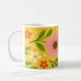 Rosa, cremefarbene und orangefarbene Blumen mit gr Kaffeetasse