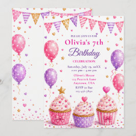 Rosa Cupcake 7. Geburtstagsfeier Einladung